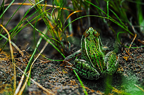 Leopard Frog Sitting Among Twisting Grass (Yellow Tint Photo)