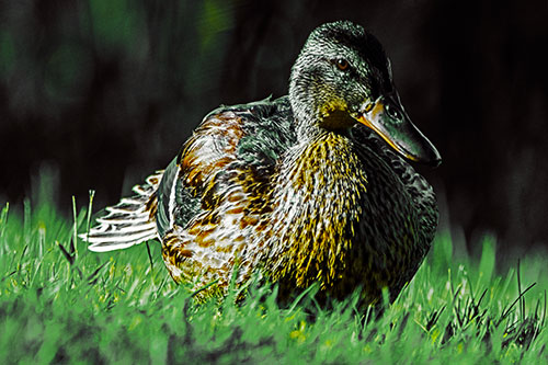 Rested Mallard Duck Rises To Feet (Yellow Tint Photo)