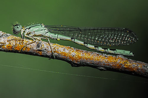 Resting Damselfly Spread Across Branch (Yellow Tint)