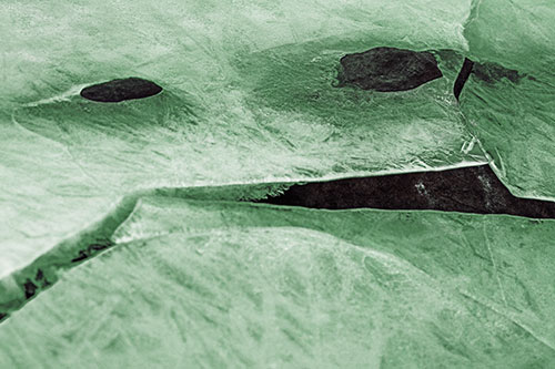 Rock Face Emerges Among Cracked Frozen Ice (Yellow Tint)