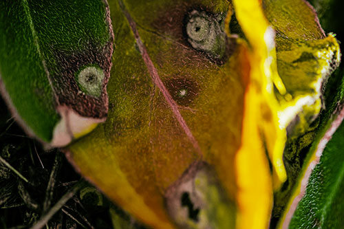 Shocked Fuzzy Decaying Leaf Face Among Sunlight (Yellow Tint Photo)