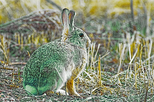 Sitting Bunny Rabbit Among Broken Plant Stems (Yellow Tint Photo)