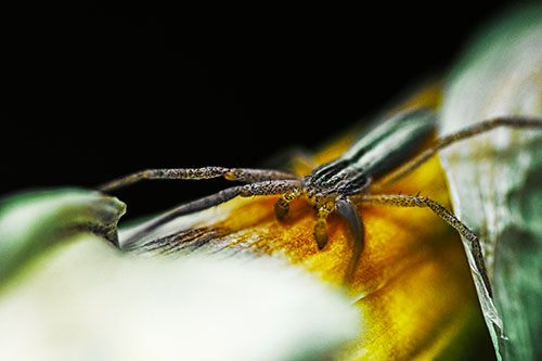 Slender Crab Spider Sprawled Out Among Plant (Yellow Tint)