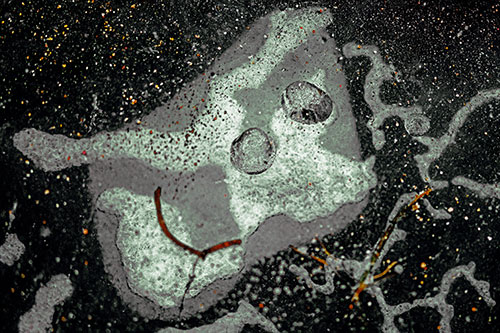 Smiley Bubble Eyed Block Face Below Frozen River Ice Water (Yellow Tint Photo)