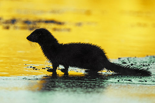 Soaked Mink Contemplates Swimming Across River (Yellow Tint Photo)