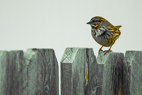 Song Sparrow Standing Atop Wooden Fence (Yellow Tint Photo)