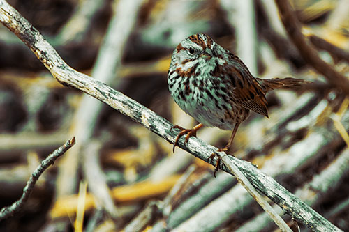 Song Sparrow Surfing Broken Tree Branch (Yellow Tint Photo)