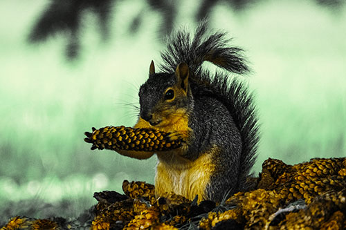 Squirrel Eating Pine Cones (Yellow Tint Photo)