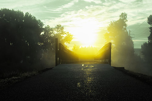 Sun Rises Beyond Foggy Wooden Walkway Bridge (Yellow Tint Photo)