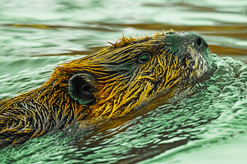 Swimming Beaver Keeping Head Above Water (Yellow Tint Photo)