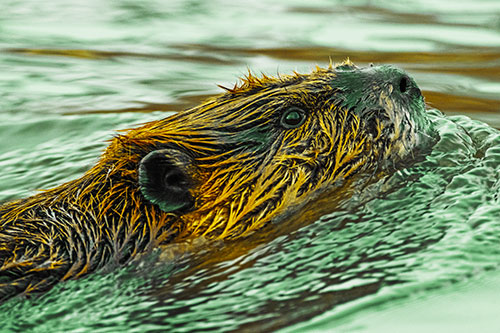 Swimming Beaver Keeping Head Above Water (Yellow Tint)