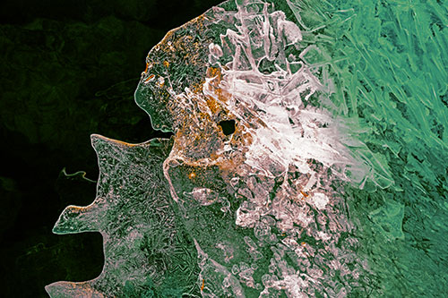 Two Faced Optical Illusion Ice Face Hanging Above River (Yellow Tint)