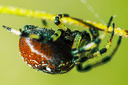 Upside Down Furrow Orb Weaver Spider Crawling Along Stem (Yellow Tint Photo)