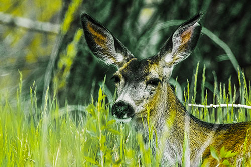 White Tailed Deer Sitting Among Tall Grass (Yellow Tint Photo)