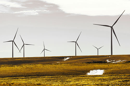 Wind Turbines Scattered Around Melting Snow Patches (Yellow Tint Photo)