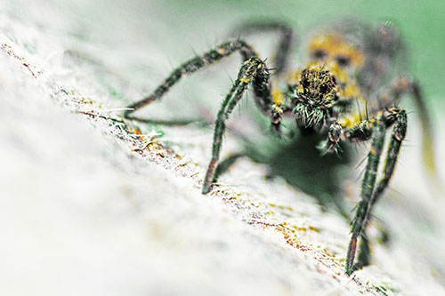 Wolf Spider Watching Among Sloping Rock (Yellow Tint)