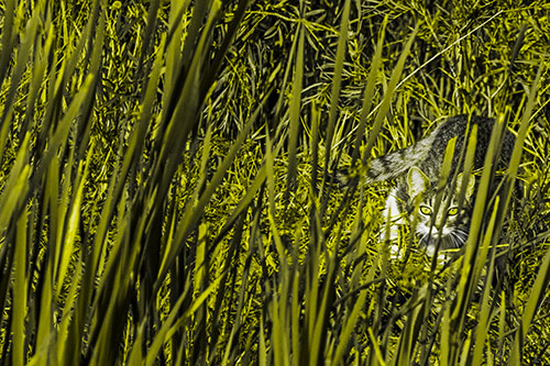 Crouching Cat Hunting Among Tall Reed Grass (Yellow Tone)