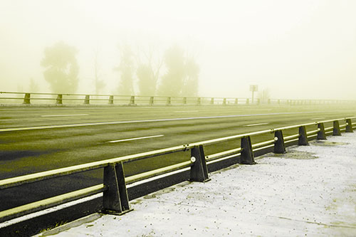 Fog Surrounds Deserted Sidewalk Roadway (Yellow Tone Photo)