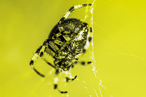 Furrow Orb Weaver Spider Descends Down Web (Yellow Tone Photo)