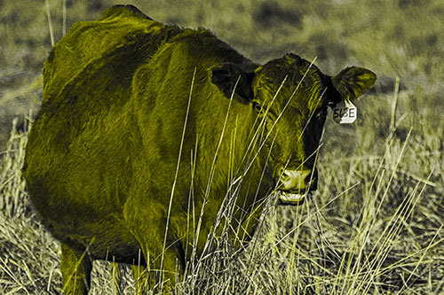 Hungry Open Mouthed Cow Enjoying Hay (Yellow Tone Photo)