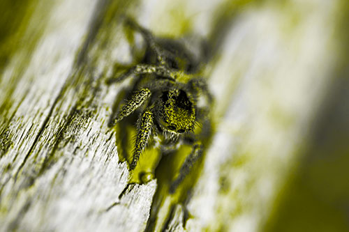 Jumping Spider Perched Among Wood Crevice (Yellow Tone Photo)