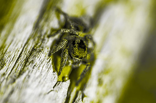 Jumping Spider Perched Among Wood Crevice (Yellow Tone)