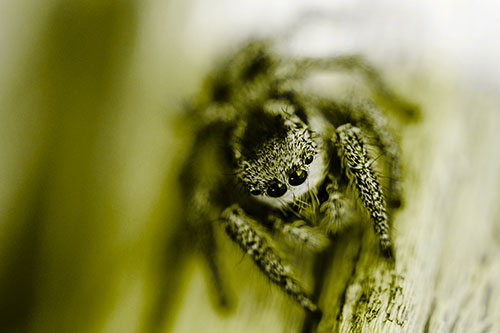 Jumping Spider Resting Atop Wood Stick (Yellow Tone)