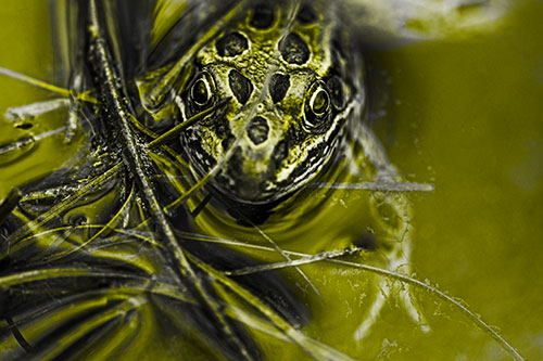 Leopard Frog Hiding Among Submerged Grass (Yellow Tone Photo)