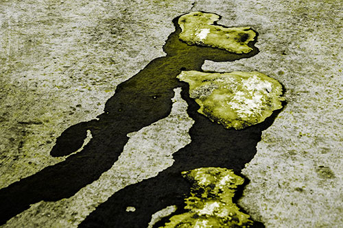 Melting Ice Puddles Forming Water Streams (Yellow Tone Photo)