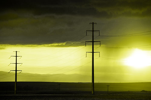 Mountain Rainstorm Sunset Beyond Powerlines (Yellow Tone Photo)