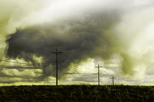 Rainstorm Clouds Twirl Beyond Powerlines (Yellow Tone)