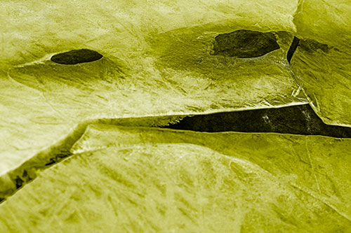 Rock Face Emerges Among Cracked Frozen Ice (Yellow Tone)