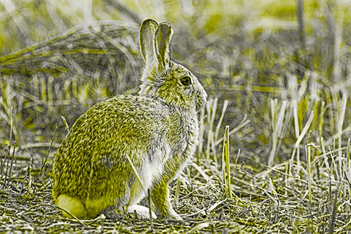 Sitting Bunny Rabbit Among Broken Plant Stems (Yellow Tone Photo)