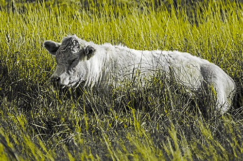 Sleeping Cow Resting Among Grass (Yellow Tone)