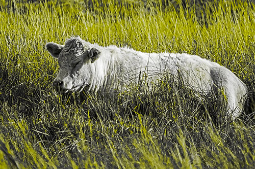 Sleeping Cow Resting Among Grass (Yellow Tone Photo)