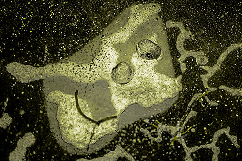 Smiley Bubble Eyed Block Face Below Frozen River Ice Water (Yellow Tone Photo)