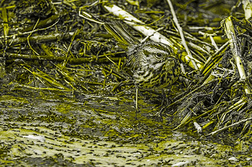 Song Sparrow Peeking Around Sticks (Yellow Tone Photo)