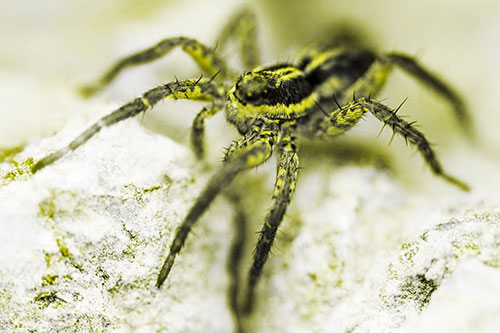 Standing Wolf Spider Guarding Rock Top (Yellow Tone Photo)