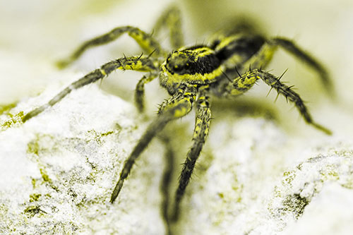 Standing Wolf Spider Guarding Rock Top (Yellow Tone)