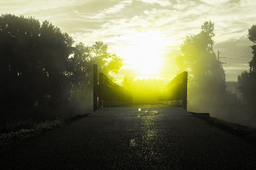 Sun Rises Beyond Foggy Wooden Walkway Bridge (Yellow Tone Photo)