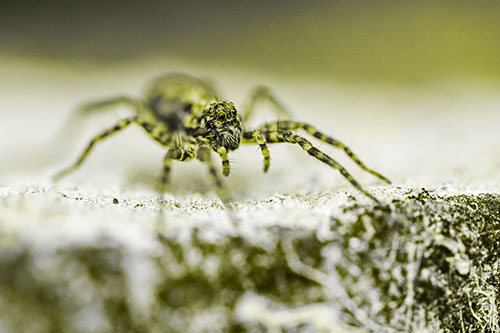 Wolf Spider Standing Along Rock Edge (Yellow Tone)